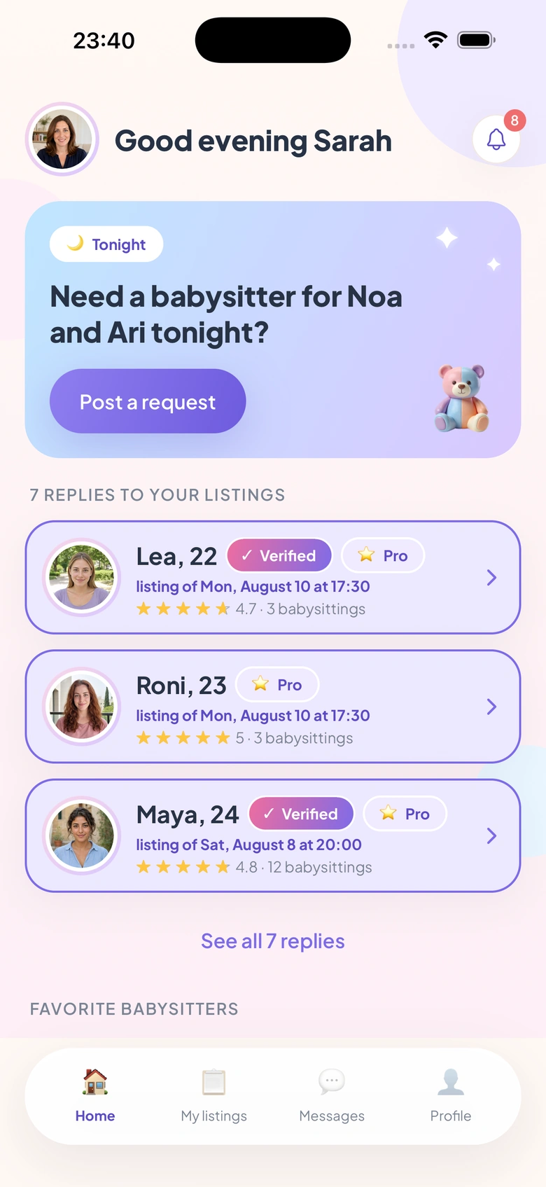 Parent home screen of the Bambinoush app