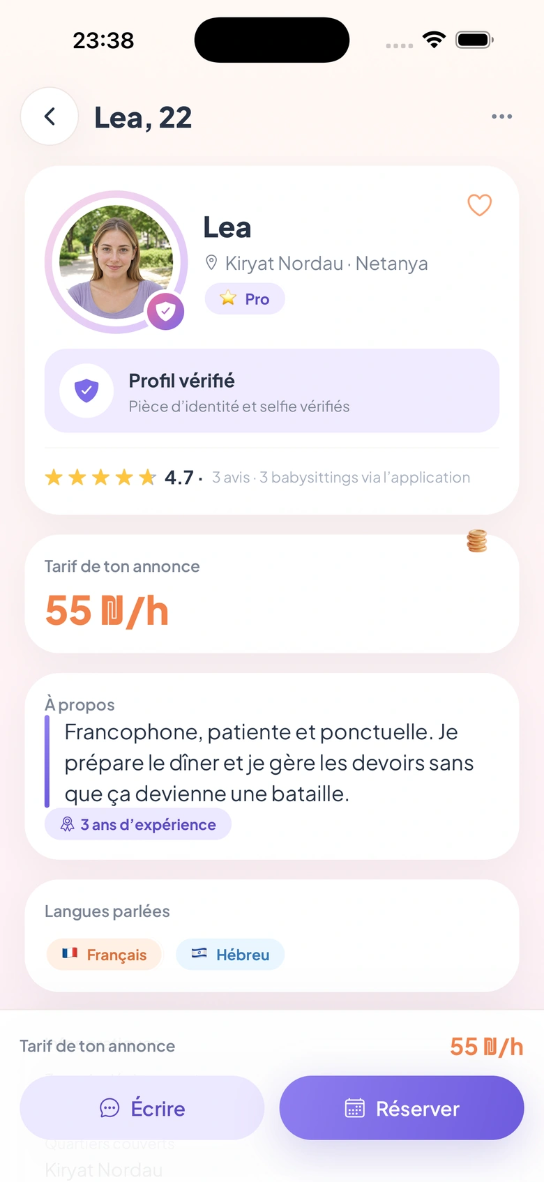 Fiche d’une baby-sitter et ses avis dans Bambinoush