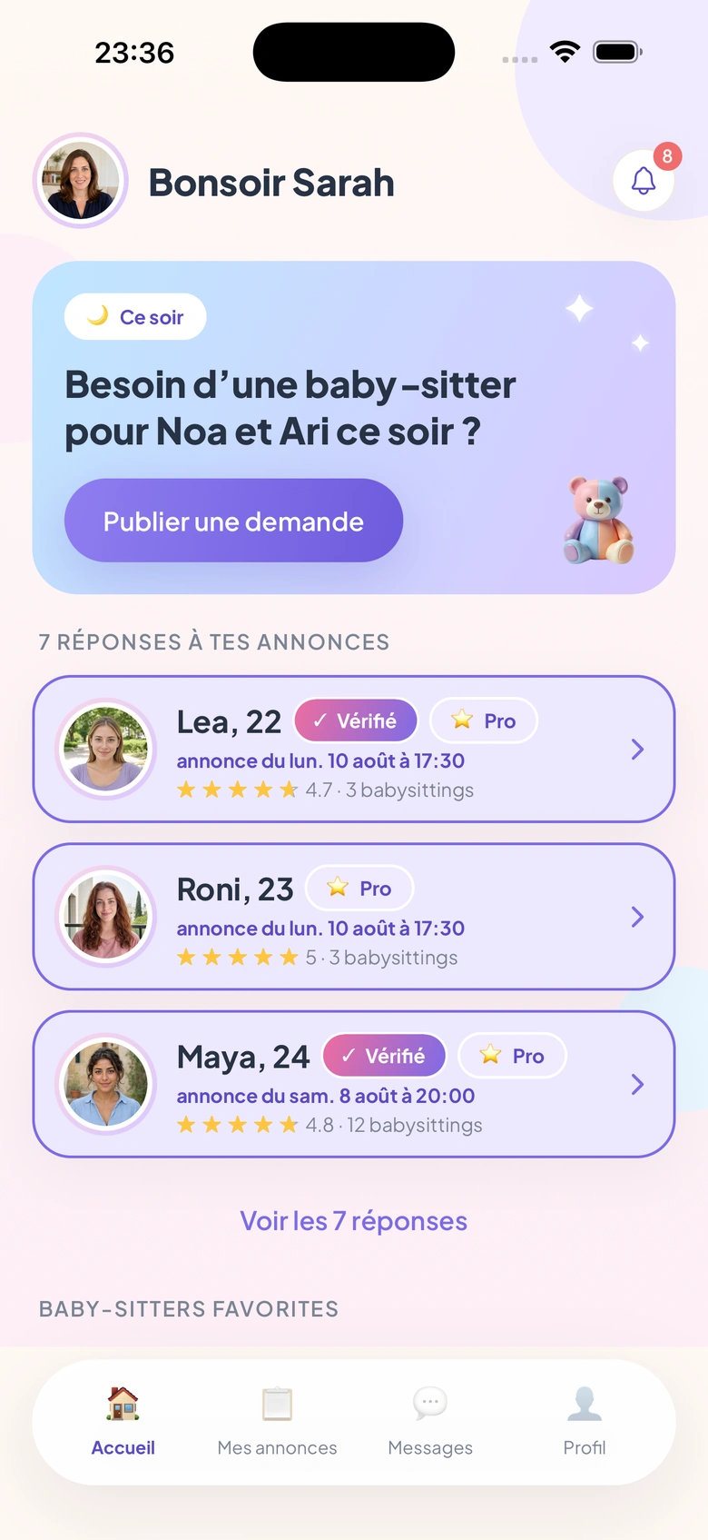 Écran d’accueil parent de l’application Bambinoush