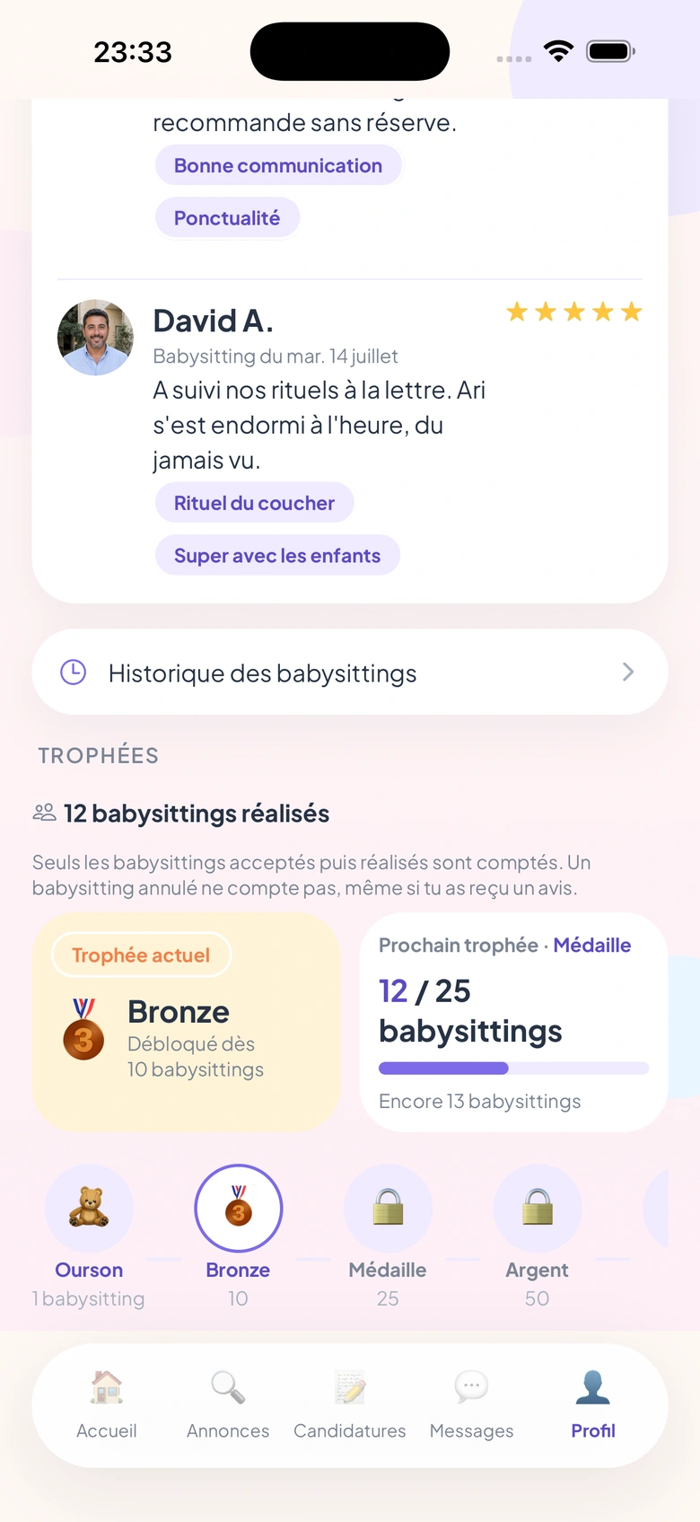 Profil et réputation dans Bambinoush